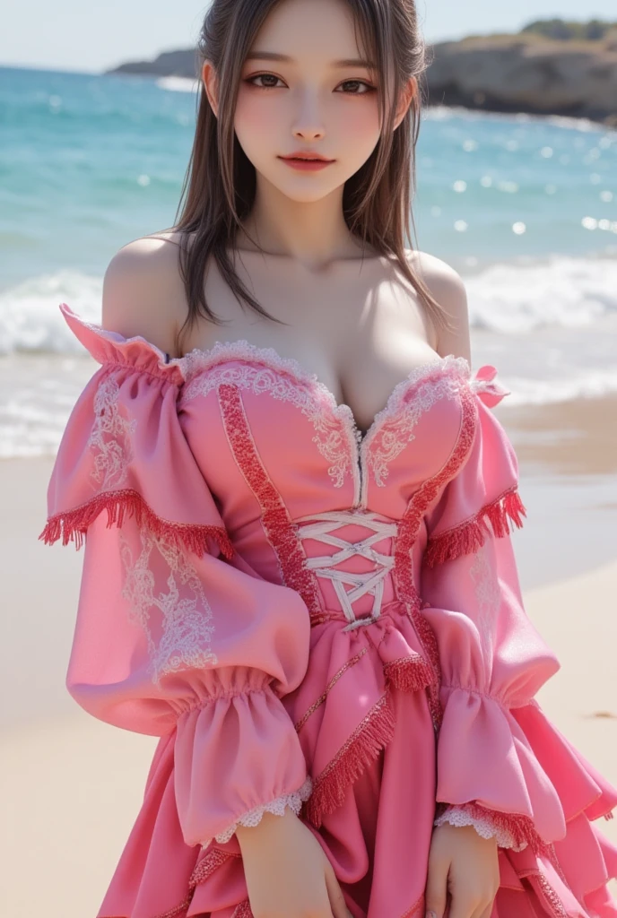 ((realistic)), a young girl, beautiful teenage girl, Light pink gauze dress, draped in silk, florals, high-waist, Nice belt, cropped shoulders, slim, Slimming the waist, high-heels, Shy, grin, 耳Nipple Ring、choker necklace、Hairpins，Heavy makeup，Gorgeous eye makeup，extremely beautiful eyes, golden hair, curlies, Long flowing hair, beachside, On the beach, laying on a beach, Cross ed leg, Flirting skirts, Ruffle your hair, posed for photo, posing elegantly, Random shooting angle, warm lights, a warm color palette, Professional lighting, Photon Mapping, Radio City, Physically-based rendering, RAW photos, Best quality, beauitful face,  Beautiful skins， Attractive， Ultra-high resolution， ultra real photo