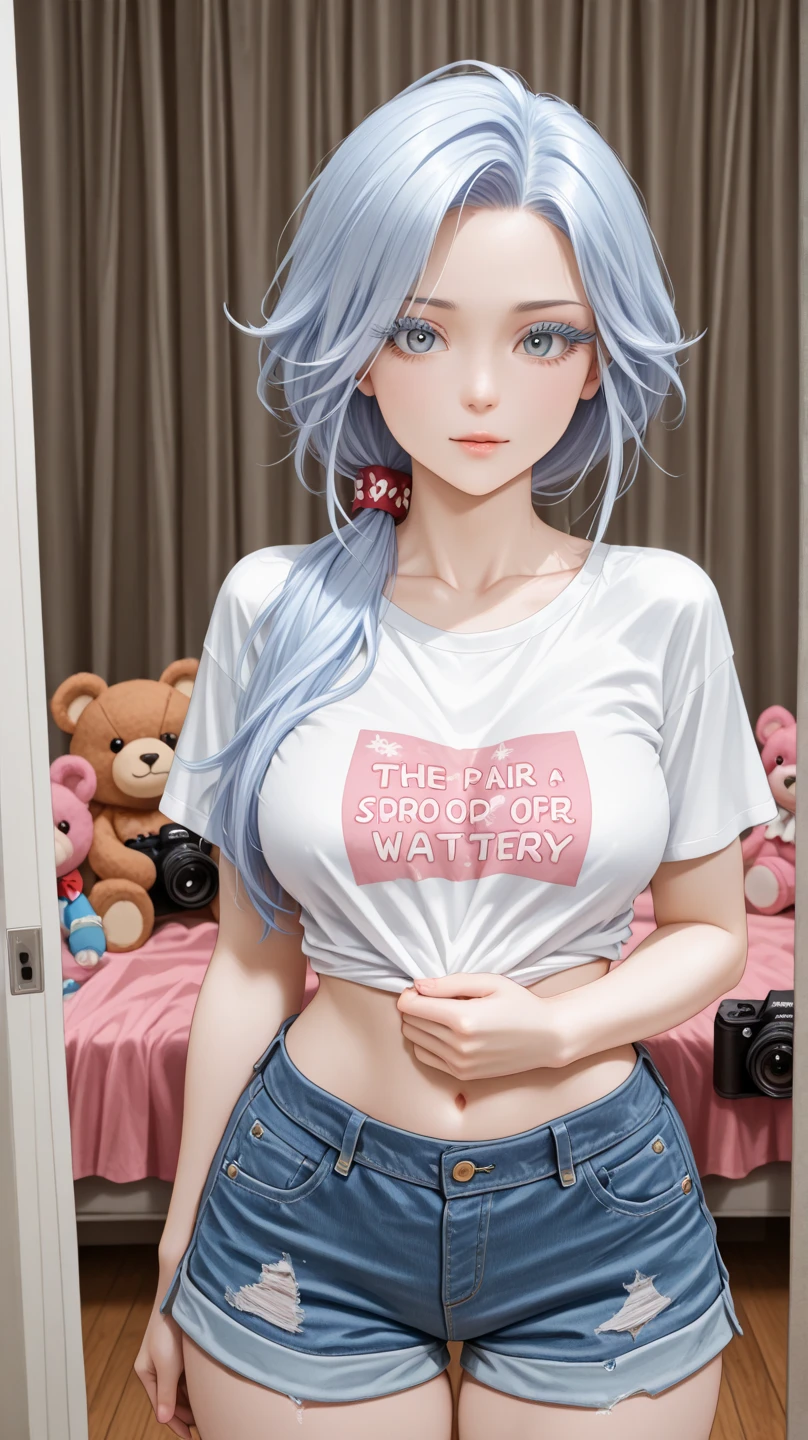 This is a high-quality photography,A veritable masterpiece。8k ultra HD wallpaper,The photo is a half-length photo of a sweet Chinese woman。She has snow-white skin,full breasts,Slim figure,The waist is as thin as a willow,Hair is combed into a long low ponytail,Wear cute hair accessories。The girl is wearing a white T-shirt,She has a pair of popular big watery eyes,The pair of watery eyes is two-thirds the size of the top;The chest of the clothes is printed with two big eyes。The eyes are brightly colored,With thick eyelashes,This color matching and combination of elements makes the eye pattern very eye-catching,Forming a strong visual focus on the white short top。She is wearing light blue denim shorts,The lower body is tied with lace。The two watery eyes are printed on her clothes as she poses cutely and looks directly at the camera,The background is a pink indoor scene,With various plush toys、Curtains and teddy bears,