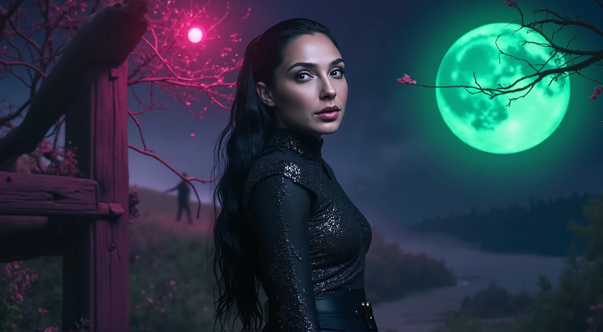 neon sci-fi surrealism, highly detailed photograph,multi exposures, pure irresistible ultimate female witch with a slender yet curvaceous physique, extremely long black hair that cascades down her back, large, expressive green eyes: flirty gaze :dressed in a sheer off-the-shoulder dress with a high skirt: tall black boots: witchy vibes, moonlight night at a witch cottage casting spells :vibrant colors: overall style is highly realistic: intricate details