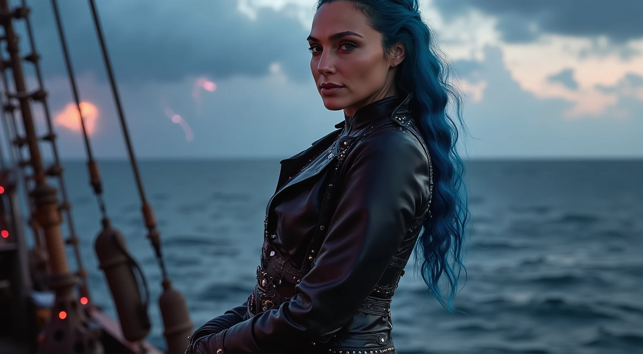A stunningly fashionable woman commands the deck of her ship, seamlessly merging elements of fantasy and realism in her striking pirate-inspired ensemble. Her silhouette is elegantly proportioned, exuding confidence and allure in her fitted black leather coat, embellished with intricate silver buckles and delicate lace patterns that speak to her adventurous spirit and noble lineage. The flowing waves of her long, midnight blue hair create a dramatic contrast against the rugged attire, catching the light and adding a touch of enchantment.
Her captivating eyes, a mesmerizing blend of luminescent violet and fiery amber, sparkle with mischief and determination as they scan the horizon for hidden treasures. Scars along her arms serve as compelling reminders of her daring escapades, each one a testament to her strength and resilience. Surrounded by an aura of mystery, she carries a flickering crimson halo that evokes the essence of twilight, hinting at stories untold.
The backdrop pulses with the energy of the high seas, where the ship's sails billow majestically against a stormy sky, illuminated by the dramatic flashes of lightning. This charged atmosphere envelops her, amplifying her enchanting yet formidable presence as a true queen of the ocean. Her confident smirk reveals a readiness to face any challenge, embodying the perfect blend of elegance and ferocity in this high-fashion pirate narrative.