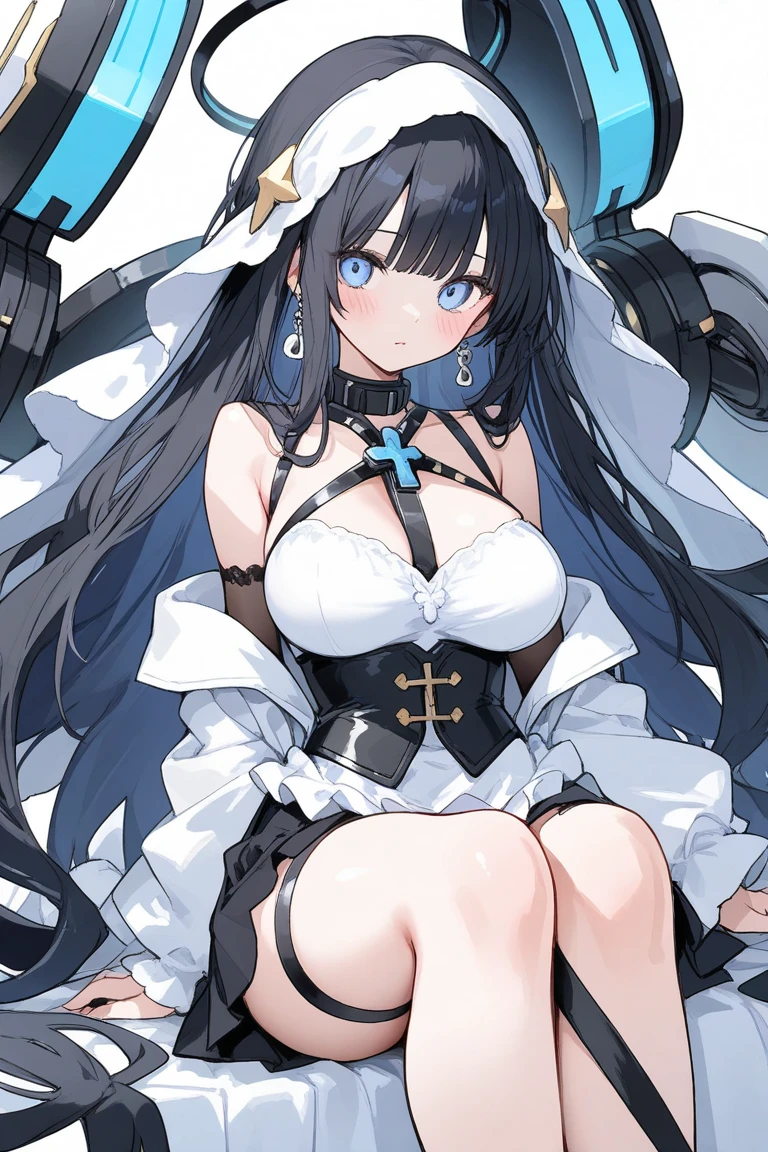 High quality, masterpiece, ultra-detailed, white pantyhouse, white panties, 1girl, solo, peaceful expression, long black hair, enchanting eyes, blue and yellow eyes, heterochromia, fox ears, ridiculously large breasts, shiny skin, bedroom, transparent balloons, a lot of balloons
