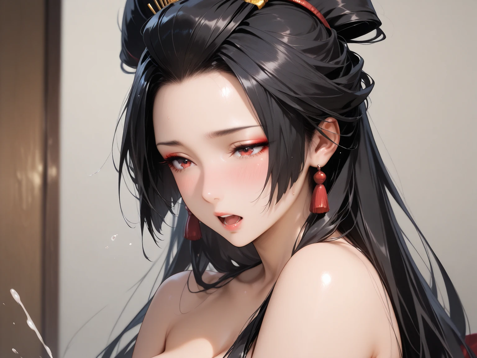 A stunningly beautiful 20-year-old Chinese girl with a graceful Chinese dragon adorning her head poses for a half-length photograph. Her symmetrical face is captured in a close-up, allowing the intricacies of her features to be distinctly seen as she gazes directly at the audience. The young woman proudly wears traditional Chinese Tang Dynasty clothing, accessorized with radiant rainbow pearls. The image is inspired by the surrealistic style of H.R. Giger and is set against a pristine white background. The aspect ratio is 9:16 and the resolution is 750 pixels with a rendering resolution of 6.0.