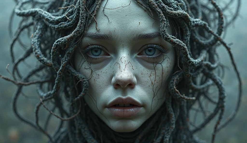 innocence lost, fractal corruption, creeping veins, infected skin, 20 years old young superb woman in distress, semirealistic, horror, infestation, corrupted lake, atmospheric, corrupted black vines,