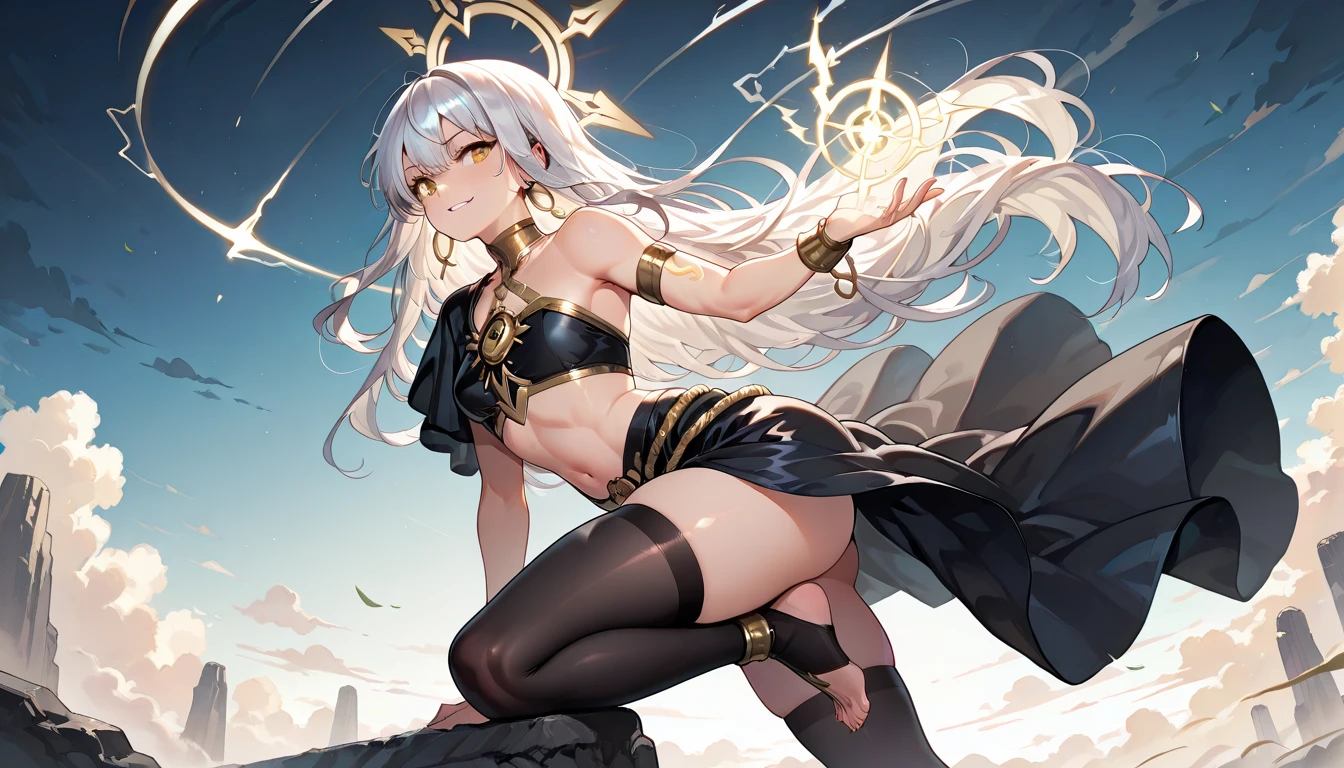 fantasy, 1angel_girl,child, loli,brown_hair, medium_bob_hair, long_bangs, halo,bare_shoulder,thighhighs,silver_armor, waist_armor, large_breasts,angry,grinning,open_mouth_teeth, 1pair_wings, dynamic_pose_fighting,floating, bare_crotch, headgear,gauntlet, greaves,city_sky_background,slightly_spread_legs, solo, groin_naked,dark_skin,