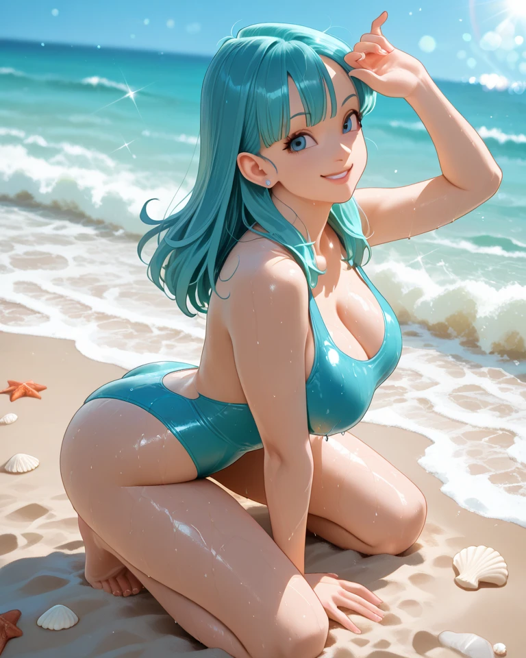 (masterpiece, best quality, cinematic, photorealistic, ultra-detailed), (1girl), perfect body, sexy body, tall and sexy, perfect hands, long round legs, (wide shot, full body view, from behind), (wearing a high-waisted bikini in a tropical print with shades of blue and white), (green hair, beachy waves hairstyle), (vibrant blue eyes, detailed pupils, defined eyelashes), (blushing, slightly parted lips, coral lips, fluffy lips), (massive tits, side boobs), (sensual pose, seductive pose), (seaside), lying face down