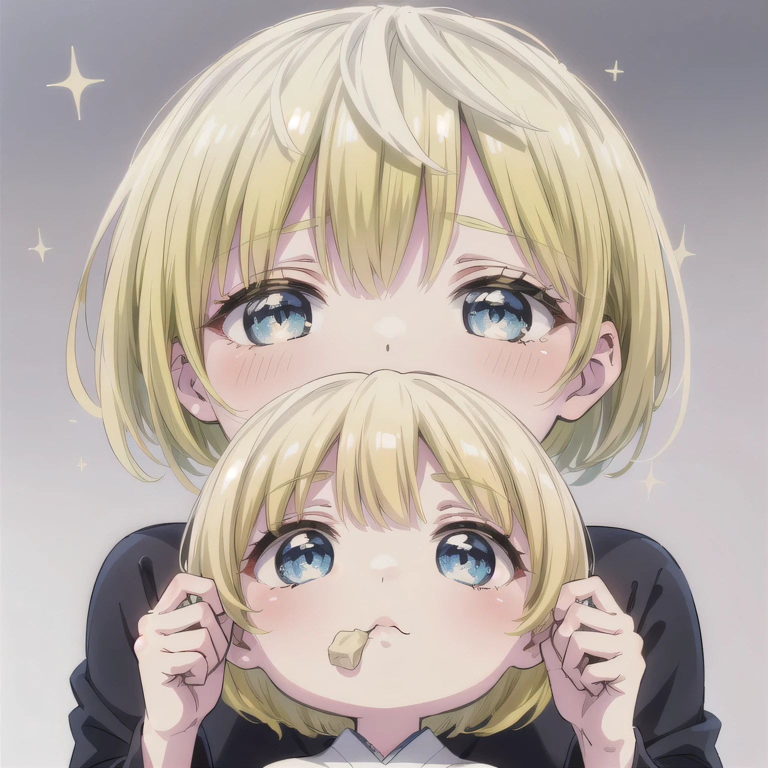 A Japanese anime-style chibi girl, 3-head-tall, super round body and head, deformed proportion, big sparkling eyes, small nose, small closed mouth, cute and soft illustration, simplified color palette, masterpiece, natural and relaxed facial expression, no objects near the mouth, not eating, not holding anything. Blonde hair, bob haircut, blue eyes.