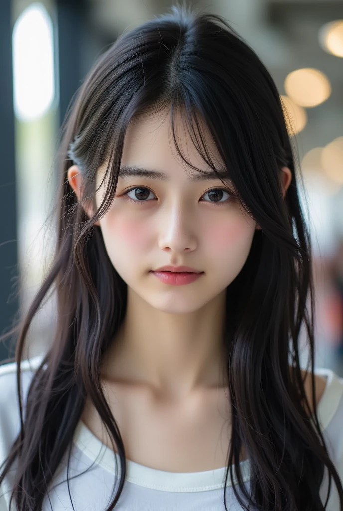 highest quality, masterpiece, 超A high resolution, Photorealistic, Raw photo, ((Beautiful woman)), 14 years old, Japanese, Black Hair, Straight Short Hair, Detailed face, Beautiful Eyes, Depth of written boundary, City streets, Raindrops, White T-shirt with V-neck, A thin T-shirt that becomes transparent when wet, Medium bust, Black underwear, Faint lips, Wet your hair, Wet body, Water droplets on the skin, (Look into the viewer&#39;s eyes),