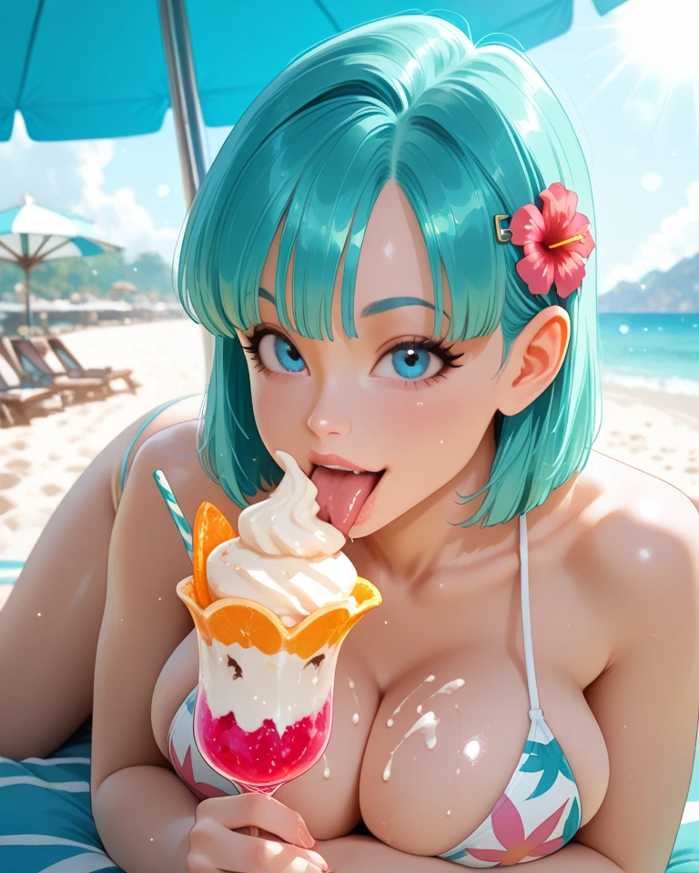 POV, a photo with a GoPro camera pretty Hong Kong girl, with a sexy bathing suit lying on the beach while getting a tan, wet, while holding an ice cold beer in the opposite hand, smile, sharp face, soft Lighting, full lens, sun flare, light blue hair with pigtails, perky tits