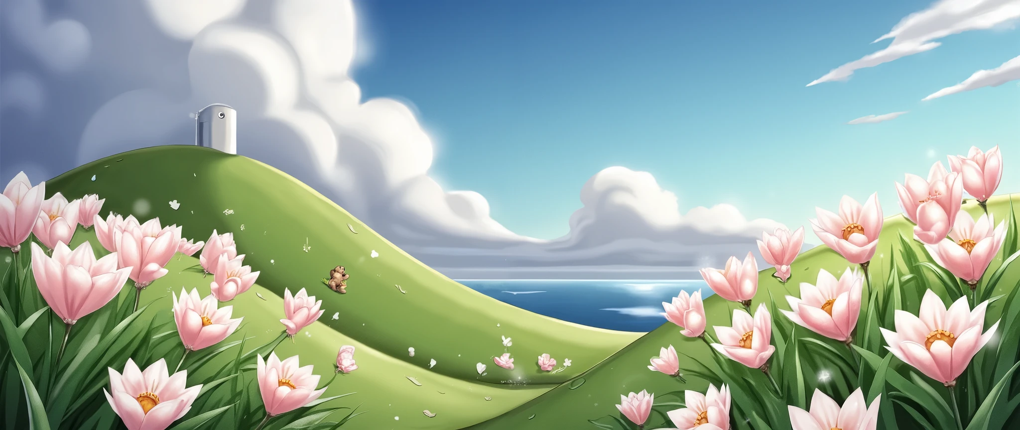In this illustration, the scene is imbued with the whimsical, nostalgic style of The Little Prince French movie, capturing the essence of childhood innocence and the beauty of nature. The ground is shaped like a soft, rounded hemisphere, covered in lush green grass that gradually gives way to an expansive sea of delicate lilies—white, pink, and pale yellow—spreading across the landscape in gentle, flowing patterns. The lilies create a vibrant yet peaceful atmosphere, as though they are softly swaying in a calm breeze.
Above, the sky stretches into a bright, clear blue, dotted with fluffy white clouds drifting lazily across the horizon. The sunlight bathes the scene in a warm, soft glow, evoking a dreamlike, almost magical feeling. The simplicity of the color palette—gentle pastels and earthy greens—adds to the sense of tranquility and innocence in the scene.
The entire composition feels like an invitation to wander through a serene, surreal landscape. The rolling, rounded hill and the vast expanse of sky create a sense of openness and , while the sea of lilies adds a touch of natural beauty and calm. Without the presence of a figure, the focus is solely on the harmony between the natural elements—the lush greenery, the colorful flowers, and the serene sky—allowing the viewer to immerse themselves fully in the peacefulness of the scene. The whimsical style evokes a timeless sense of wonder, much like the gentle, reflective tone of The Little Prince.
The composition and feel of this scene are directly inspired by the artistic style seen in the referenced image, capturing the peaceful, dreamlike landscape.