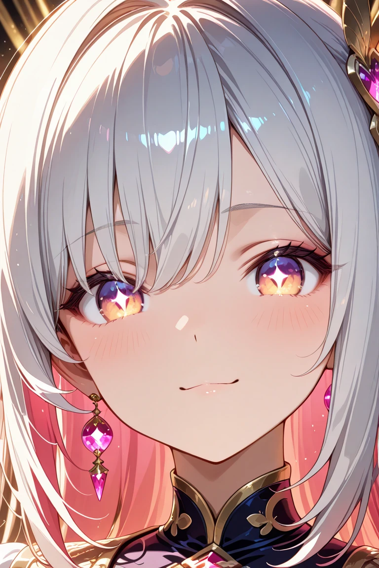 High resolution, masterpiece, Highest quality, Textured skin, Plump Skin, Glowing Skin, , Only one person, god, Brown Skin, White Hair, White lashes, Small , Painful expression, feverish, Sweat,Crescent-shaped earrings,