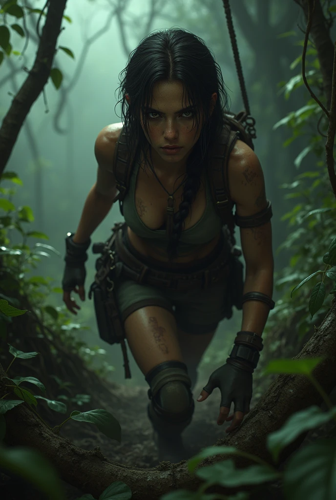 (best quality,4k,8k,highres,masterpiece:1.2),ultra-detailed,(realistic,photorealistic,photo-realistic:1.37),vivid colors,sharp focus,physically-based rendering(Tina Graudina) ,portrait(style),jungle(background),volleyball (activity),Lara Croft (costume),sweating (action),exhausted (emotion),dynamic pose,Tina's determined expression,long ponytail swinging,vibrant green leaves,sunlight filtering through the trees,contrast of light and shadow,muddy ground,serene atmosphere