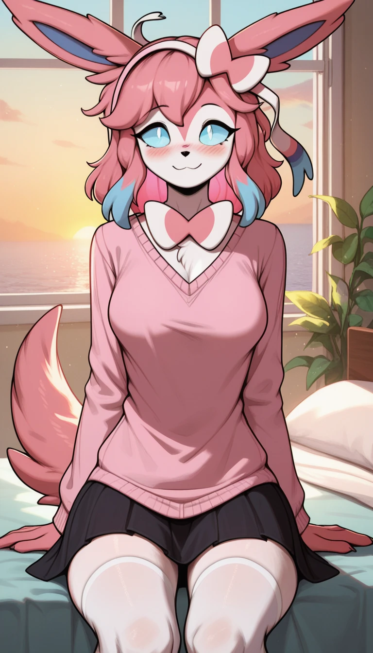 Excited expression, 1girl, anthro, furry, fur, fluffy fur, sylveon girl, pink hair (cyan highlights), cyan eyes, long pink hair, Messy hair, (19 years), medium breast, thighs, solo, (bedroom), sunset, detailed, pink sweater, black skirt, white stockings, hands on face, blush, trembling, looking up, Open mouth, (1boy, sex, pov, fuck pussy), half-closed eyes, score_9, score_8_up, score_7_up, score_6_up, score_5_up, score_4_up