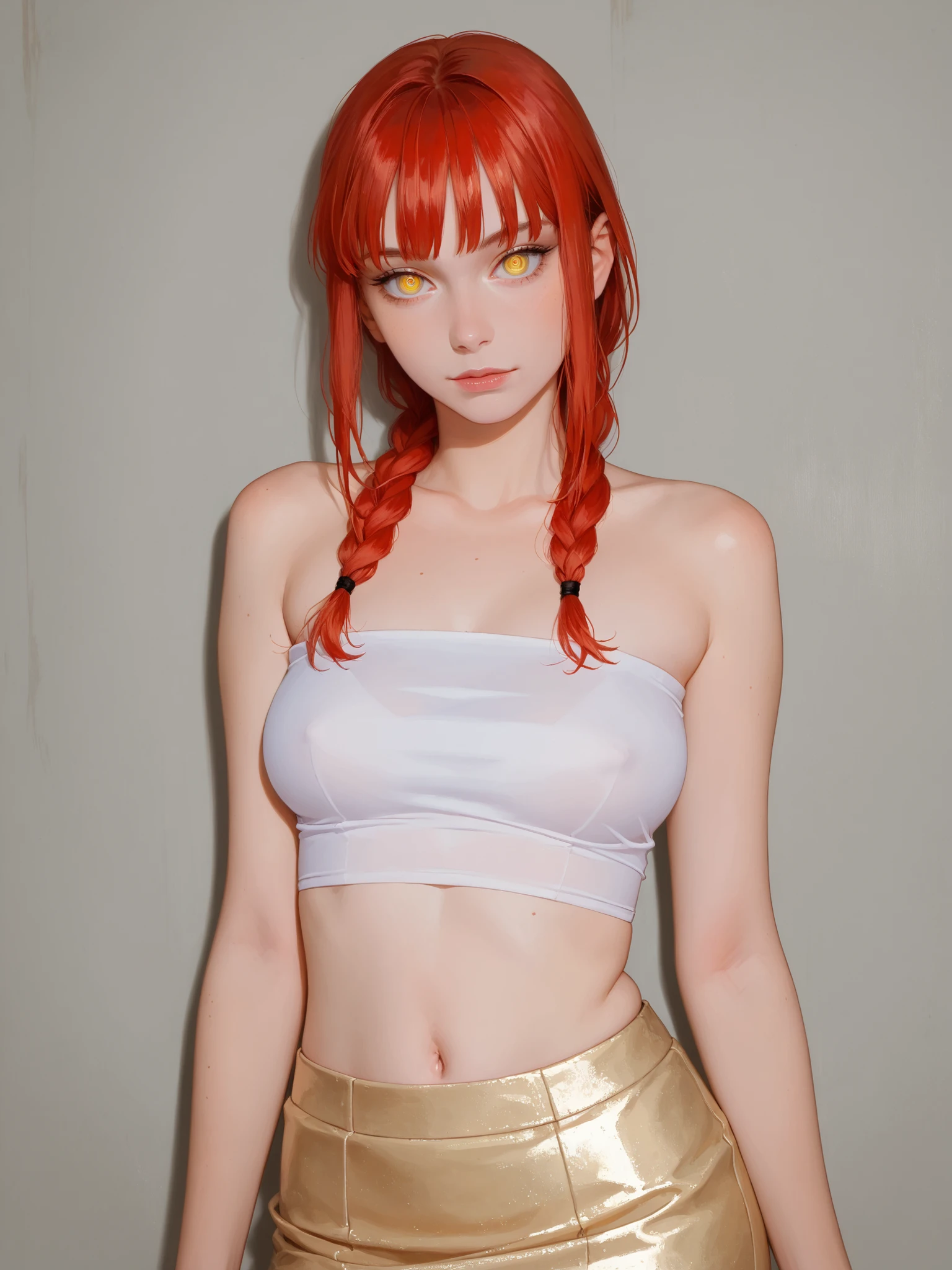 1girl, Makima (ghainsaw man). red hair, yellow ringed eyes, large breasts,with healthy appearance , The expression would be , tight clothing , Bold pose , , high quality , 8k , realistic photo , dramatic lighting , vivid colors , ( masterpiece , main quality , :1 . 2) , ( Tokyo scene illuminated at night ) , (Alone:1 . 4) , ( Elegant and cool ) , Bright neon details :1 . 3) , ( :1 . 1) , Confident and relaxed poses :1 . 3) , ( dynamic lighting , Strong contrast , makima personagem de chainsawman , long hair , light red hair , Hair tied to bring 2 locks in the front , sexy clothes , short skirt , Tube top ,. belly out ,.