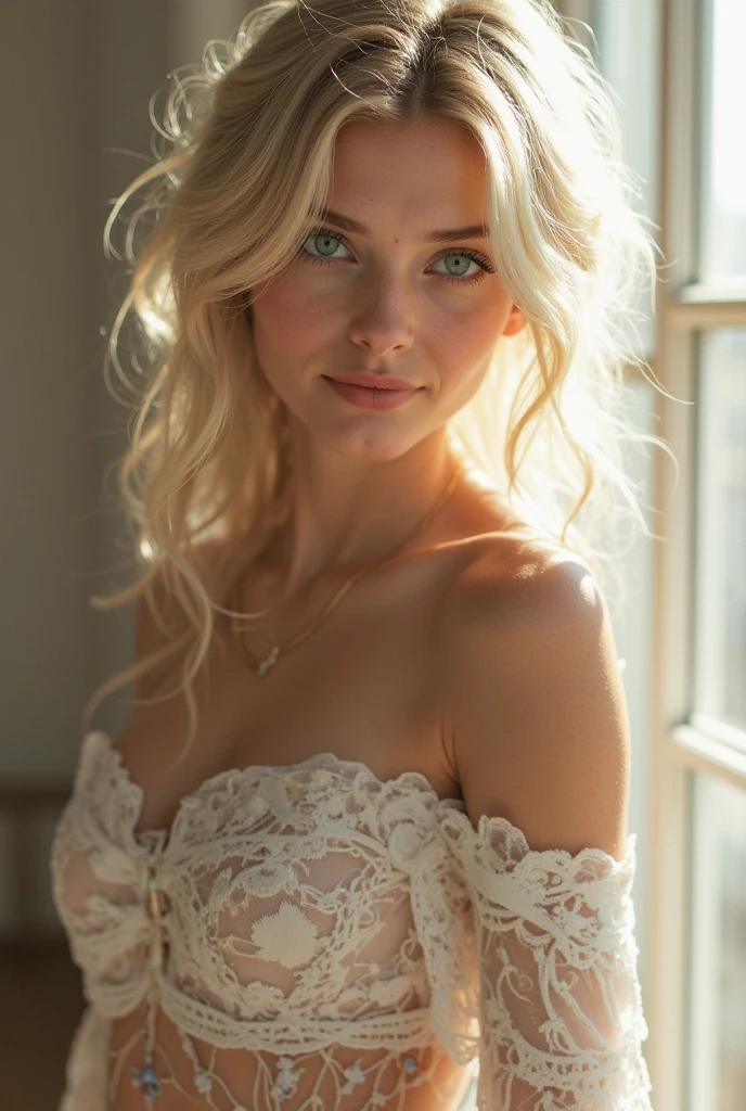 naked girl, blonde, blue eyes, room, smiling