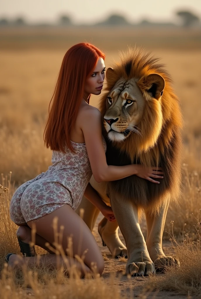 1 girl with red hair in a pigtail, hair decorated with many flowers, white skin, big breasts, big butt, green Lace Lingerie outfit, background next to a lion, standing and posing