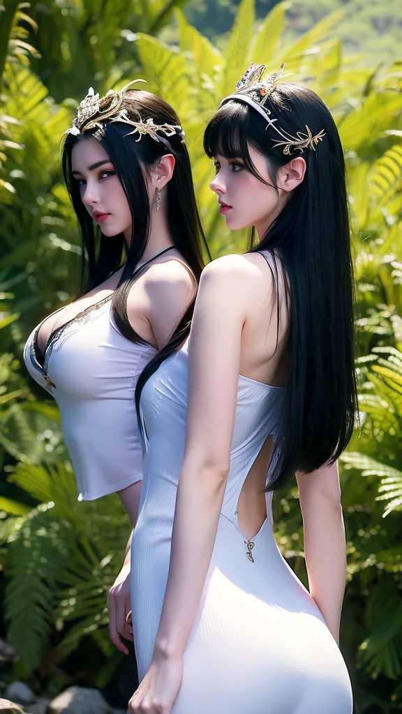Portrait, Close-up photo, Two women in white and black dresses stand side by side., They have beautiful faces., beautiful face, Beautiful Gemini, both good and evil., Eros and Thanatos, 2 angel, angel, angelกับปีศาจ, Darius Zawadski and Tom Bagshaw, Tom Bagshaw art style, The villain has black angel wings., angel and demons, fallen angel, beautiful gemini twins, big breasts, fully grown breasts, attractive body, Fascinating beauty, Tight outfit, นางฟ้าbig breastsโต, Plump breasts, fully grown breasts, Two angels who are both gods and devils., Angels have a total of 12 wings with different styles to represent a mix of good and evil., The 6 left wings are the wings of the gods. It has the appearance of a large, beautiful, light-filled bird wing. Contains white, The 6 right wings are the wings of the devil. It has the appearance of a bat's wings, which are sharp and dark. Contains black, These two angels stood on the ground that was divided into two parts. One part is a green field with flowers in bloom. Another part of the ground was dry and cracked, with small flames rising from it., The angel's face had a beautiful appearance and a hint of strength. , Her mouth was bright red., One eye was bright blue. Expressing kindness and hope The other side is dark red. It represents mystery and danger., Her hair was jet black, extremely long, two meters long., She wore an outfit that was a combination of divine armor and a devil's cloak., A tight leather outfit emphasizes the figure. A tight outfit., The wings are both white and black., There are wings that are clearly separated from each other., white wings, Black wings, This image was meant to show the balance between good and evil. light and darkness Living together in these two angels