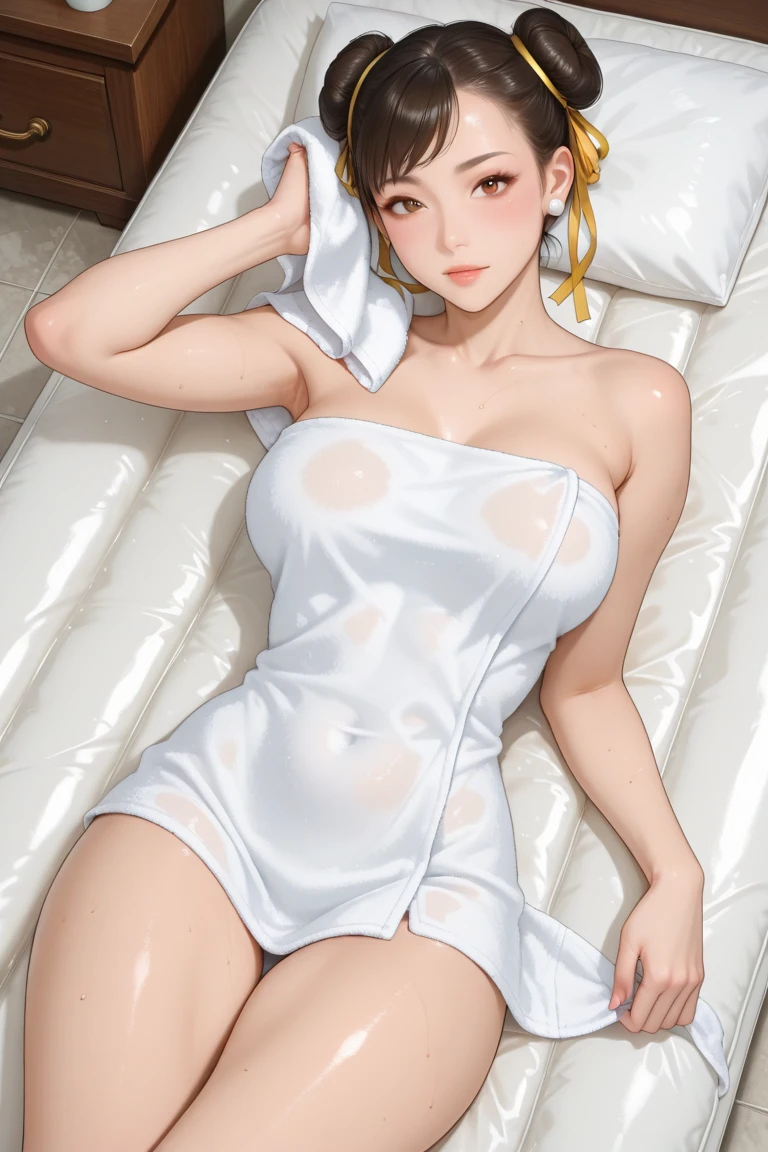 Painful expression. Pussy leaking, urination, wet crotch. (A female athlete, wearing a white silk nightgown, nipple). Laying in the bed.