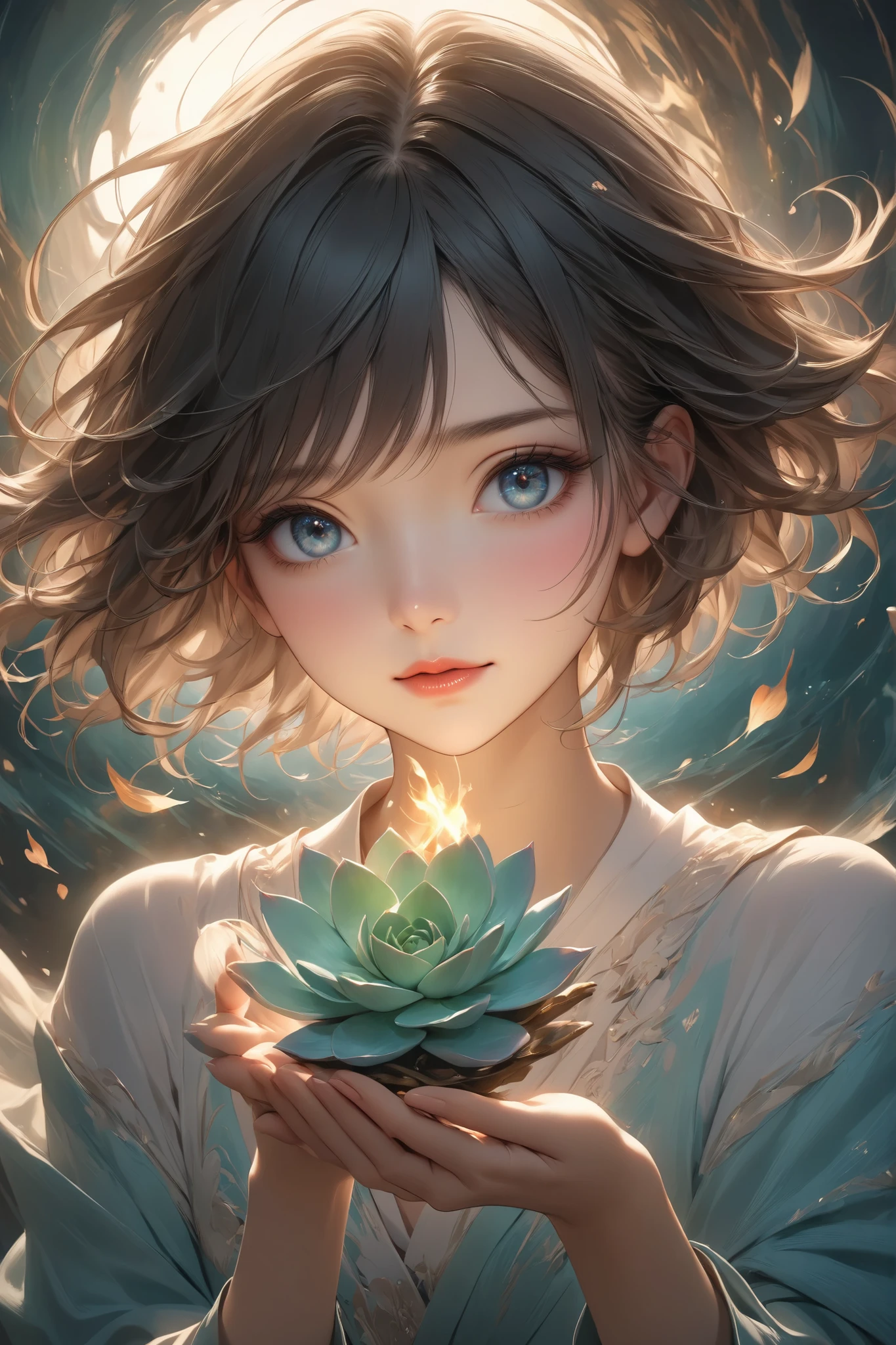 (masterpiece, best quality:1.2),(abstract painting:1.5),(only use 2color),(green and blue),solo,a girl,black short hair,(black) eyes,sharp eyes,eyes express unseen strength,holding one petal of Echeveria,like a pray,her expression serene, Surrounded by gentle light and kindness that brings her to tears, Her heart is broken yet glowing—no one can steal it,not even its empty spaces,She follows a flickering flame inside, The light never fades, it lives on beyond her will, Embodying a beauty that cannot be defeated, The scene softly conveys the richness of a heart touched by gentle warmth, Highest resolution, soft light, peace and purity expression,spirit of wind,wide shot,8k,HDR,