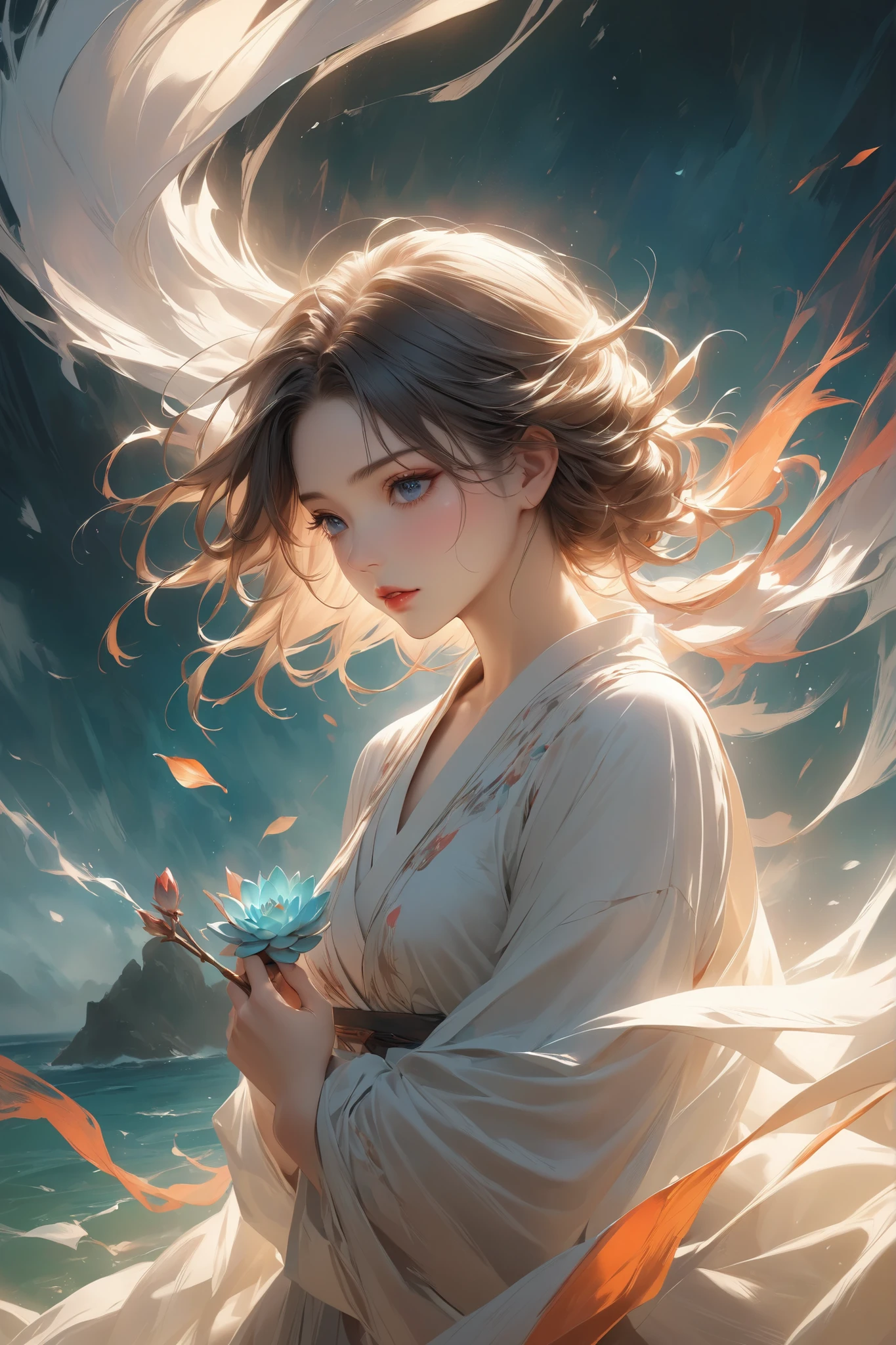 (masterpiece, best quality:1.2),(abstract painting:1.5),(only use 2color),(green and blue),solo,a girl,black short hair,(black) eyes,sharp eyes,eyes express unseen strength,holding one petal of Echeveria,like a pray,her expression serene, Surrounded by gentle light and kindness that brings her to tears, Her heart is broken yet glowing—no one can steal it,not even its empty spaces,She follows a flickering flame inside, The light never fades, it lives on beyond her will, Embodying a beauty that cannot be defeated, The scene softly conveys the richness of a heart touched by gentle warmth, Highest resolution, soft light, peace and purity expression,spirit of wind,wide shot,8k,HDR,