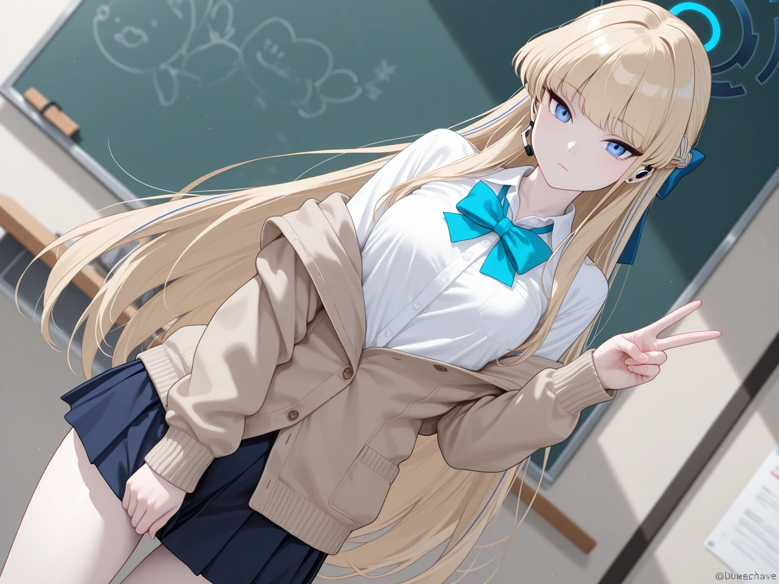 slim legs, happy, cleavage, short skirt, navel, blue eyes, school uniform, thigh high socks, stand, library , blonde hair, long hair