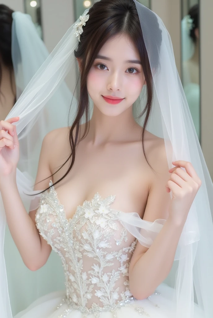 (Masterpiece: 1.4), (Hyper Realistic: 1.4), (Best Quality, 16k, 32k, Masterpiece, UHD: 1.2), Pretty Japan Woman Pictures, 1 Young Girl, Double Eyelids, (Big: 1.2), Sexy Bride, (Pure White Wedding Dress, Wedding Veil)), (Deep Slit: 1.2), (Smile: 1.1), Off Shoulder , ((in church)), cleavage cutout, (overhead shot), (sideboob), (portrait), (from above), (close to viewer), (strong light)