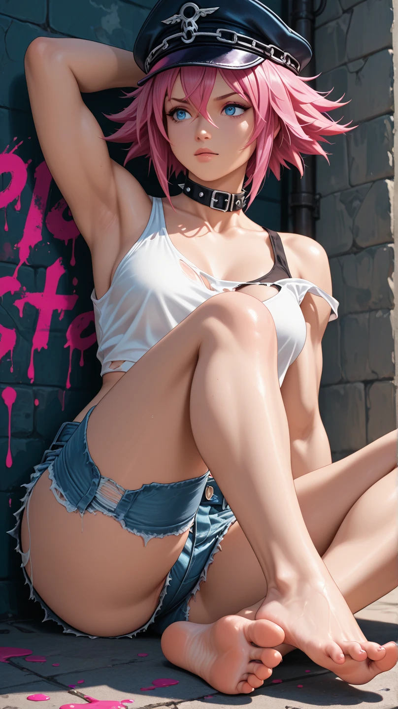 (high reality photograph, high resolusion, masterpiece, 8k, detailed face, detailed eyes:1.4), eines, solo, (full body:1.4), (topless:1.4), bob cut, (skinny, gaunt:1.4), thin legs, (petite, short stature:1.5), (pink hair:1.4), (undressing denim shorts:1.2), (unbuttoned hot pants:1.3), (no panties:1.3), (wearing only pants:1.4), BREAK (child:1.4), (10 years old:1.4), topless, (pink hair), collarbone, (ribs:1.2), (groin:1.2), big head, (baby face:1.3), (cute face), (lips:1.2), (narrow waist:1.4), (thin legs:1.4), BREAK (large breasts:1.4), slightly parted breasts, (showcasing cleavage:1.3), small nipples, small areolae, emerald eyes, (cute eyes:1.3), (pale skin:1.3), (shiny skin:1.3), (armpit:1.3), open legs, beautiful fingers, pink hair, BREAK full body, (in the countryside:1.3), (in the grazing land:1.2)