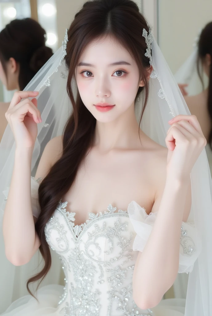 8k, Ultra-high resolution, Highest quality, masterpiece, 三分割法によるphotograph,Surreal, photograph, 1 Girl, (16 years old:1.3), pretty girl, Cute Face, Beautiful eyes in every detail, 細かくdetailedに,masterpiece,One Girl:1.2,Japan Female Teachers,extream close up,sad,light smile,Long black hair,Straight long hair,(印象派の美しい少女のPortraiture),(Impressionist light and colour), (Gray background:1.3),(White Wedding Dress:1.3),(Fairy, bride, Shiny Hair, Beautiful dark eyes, So cute and beautiful,16 years old, ), (smile:0.8),Sharp contours,Looking down, (Wedding Veil,White lace), Light from above, (Side view),, Perfect and beautiful face ,完璧でCute Face, Skin with attention to detail, Perfect limbs、Narrow waist,Looking at the audience,(((Ideal body type))),A cup small breasts :2,Portraiture:2,Perfect ???????,鮮明なdetailed,detailed,Surreal,Light and shadow,glowing