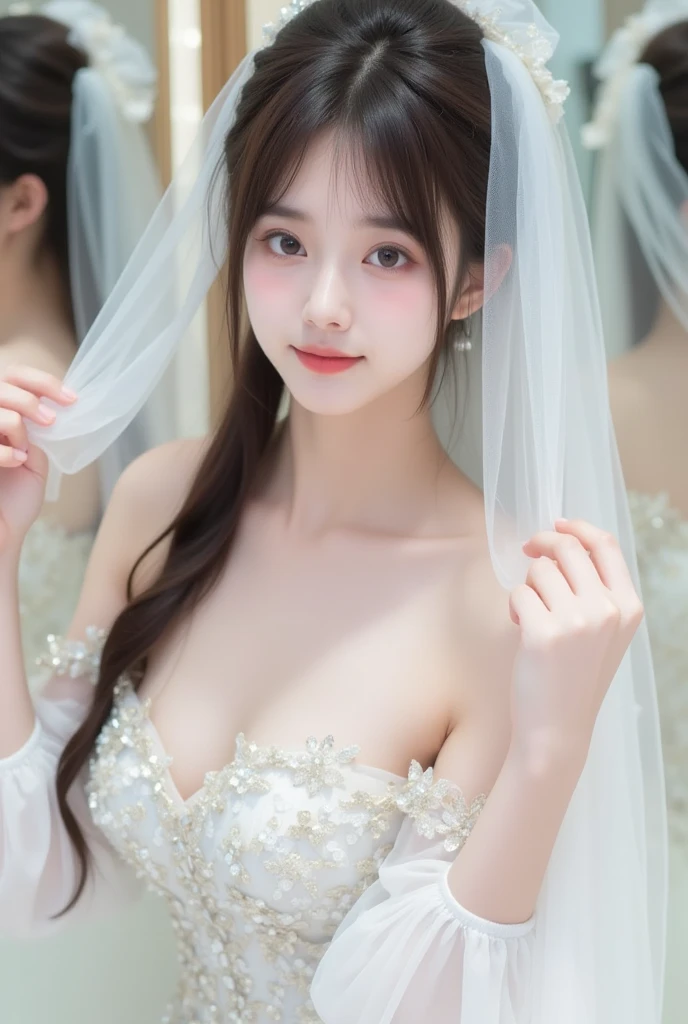 8k,Highest quality,(masterpiece:1.2),(Realistic),(Realistic:1.37),Ultra-high resolution,1 female college student,smile,Beautiful Eyes,holding the bouquet with both hands,Wedding hall,(((Wedding dress))),Big Breasts,Perfect body,Perfect Fingers,Professional Lighting,gravure,Detailed face and skin texture,fine grain,RAW Photos