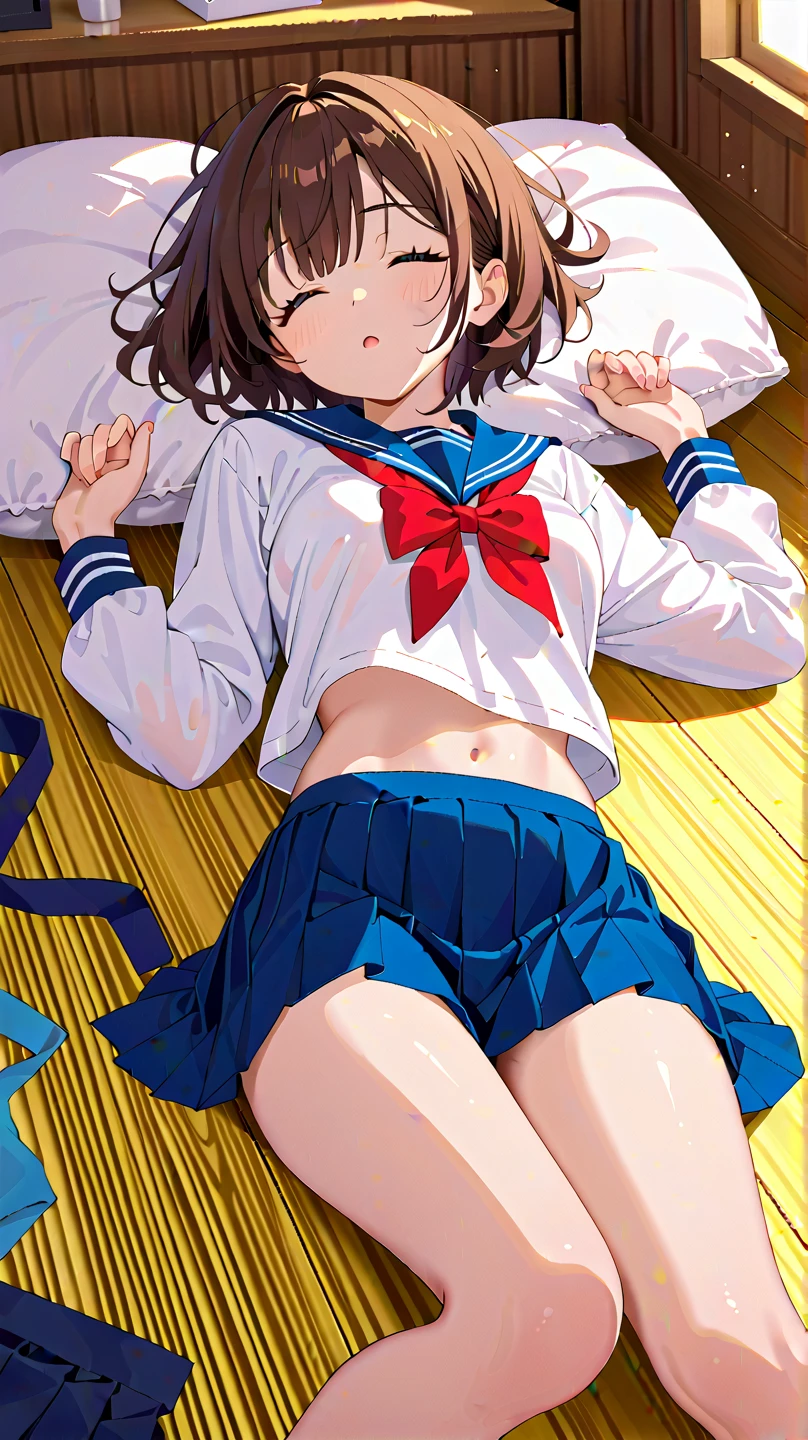 beautiful, masterpiece, best quality, extremely detailed face, perfect lighting, (absurdres), 1girl, cute face,
small face, smile,
15 y/o Japanese girl , chubby female,
short hair, Light brown hair,
, (school uniform micro mini white skirt:1.3),
on the Floral futon, (look at viewer:1), lying, (wake up:1.2),
(micro mini panties:1.3), (Floral panties:1.3),
(knee up:1.3), flower,