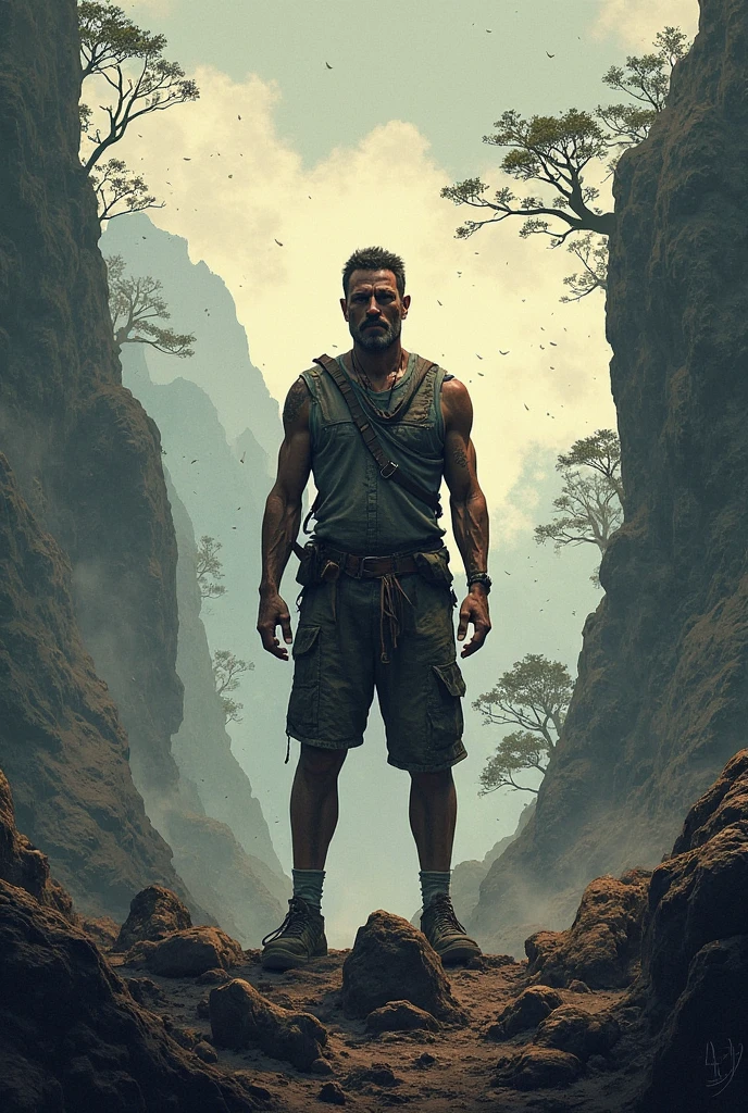 Create realistic images a Thai man stand to the side and turn their heads to look forward. On the back, he carries a camouflage backpack. Both hands gripped the hilt of the sword. Clothes were stained and partially torn. Standing in the middle of a road full of overturned car wreckage. The background is an abandoned building. Thai style building and there is a large yellow Buddha statue.