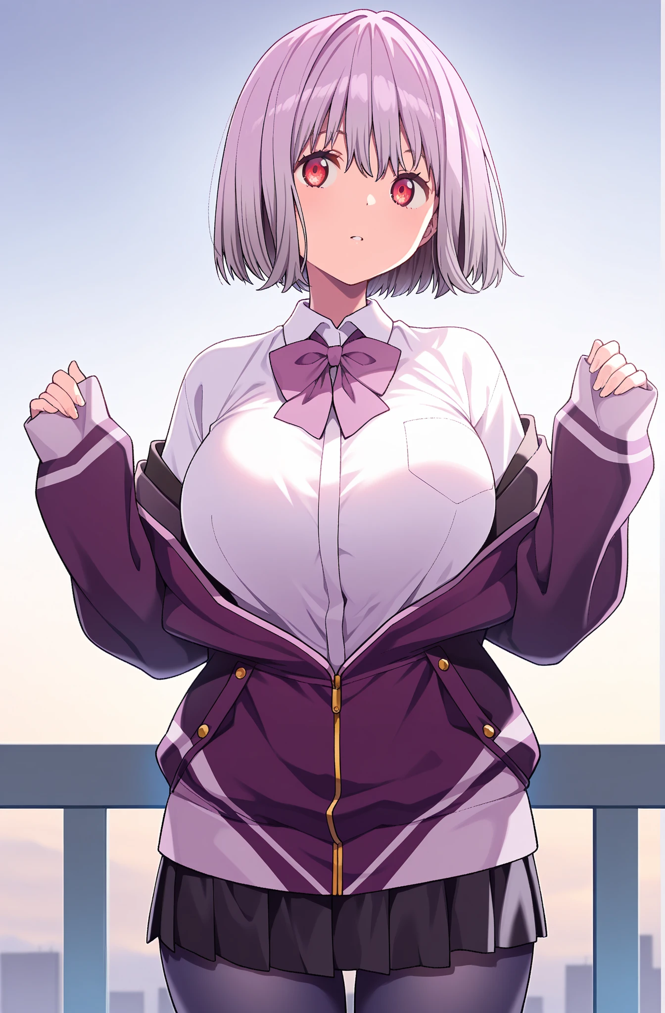 akaneshinjou, shinjou akane, light purple hair, (pink eyes:1.2), short hair,
BREAK black pantyhose, bow, collared shirt, hood, hooded jacket, jacket, open clothes, open jacket, open shirt, pantyhose, purple bow, purple jacket, school uniform, shirt, sleeves past wrists, unbuttoned shirt, white shirt,,
BREAK indoors, city,
BREAK looking at viewer, BREAK (masterpiece:1.2), best quality, high resolution, unity 8k wallpaper, (illustration:0.8), (beautiful detailed eyes:1.6), extremely detailed face, perfect lighting, extremely detailed CG, (perfect hands, perfect ???????),Clear pubic contours，Enlarged preads her legs apart，Huge ass，Huge breasts，see-through transparent clothes，nakeness。