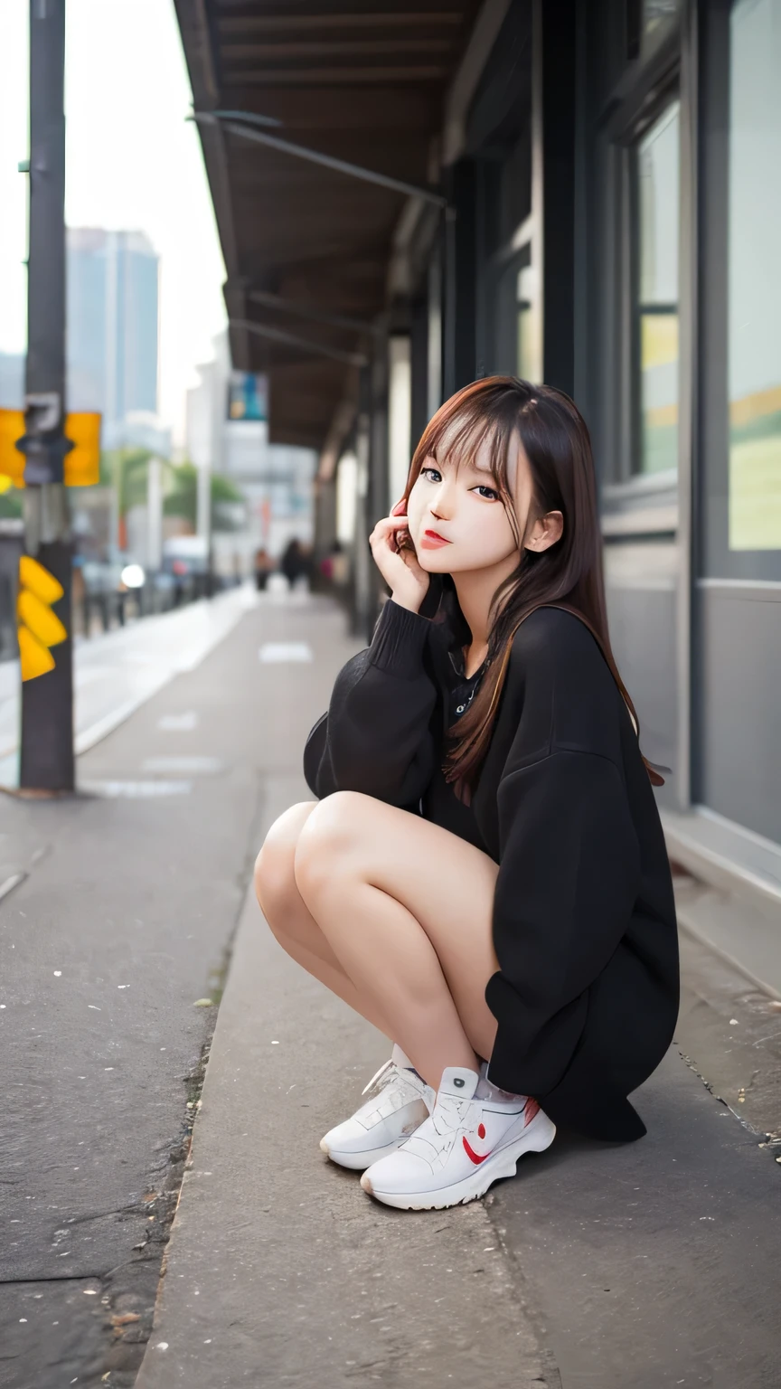 Beautiful girl wearing black hoodie plain, detailed body, masterpiece,full body,look at camera,jordan shoes, squat, details , smiles, blushes, perfect figure body