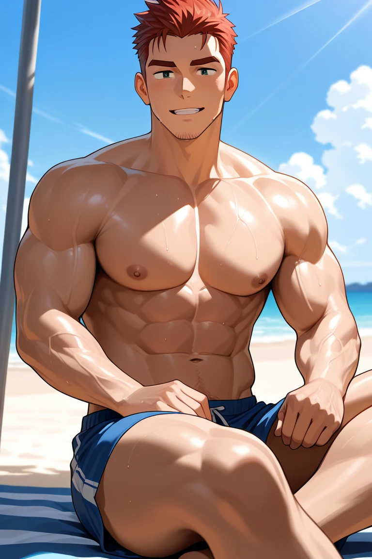 Subaru is sitting and flexing his arms. He wears a black tshirt with short sleeves. His right sleeve is completely rolled up, so you can see his entire arm and shoulder. He wears black short boxershorts. You can see his thighs completely. He has a huge bulge. You can see his abs too. Cum is dripping from his thighs.