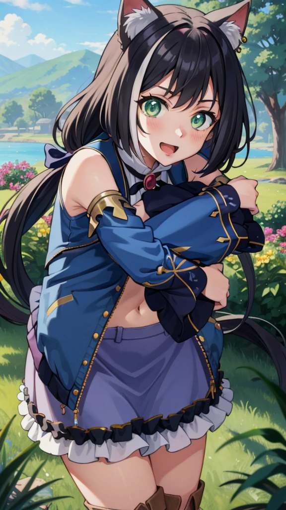 Khalil, animal ear fluff, Animal ears, Black hair, black bow ribbon, Cat ears, Cat Girl, cat tail, tusk, (Green eyes:1.5), hair Bow, Long hair, low twintails, multicolored hair, purple Bow, bow ribbon, skin tusk, striated hair, tail, twintails, vertical stripes, White hair, (flat chest:1.2), BREAK is arm support, Bare shoulders, Blue Sleeve, Bow, brooches, Detached sleeves, Dress, frilldスリーブ, frilld, multicolored clothes, multicolored Dress, neck bow ribbon, Sleeveless, Sleeveless Dress, Striped,BREAK (masutepiece:1.2), Best Quality, High resolution, Unity 8k壁纸, (Illustration:0.8), (beautiful detailed eyes:1.6), extremely detailed face, Perfect Lighting, extremely detailed CG, (Perfect hands, Perfect Anatomy),Smile with open mouth,simple background