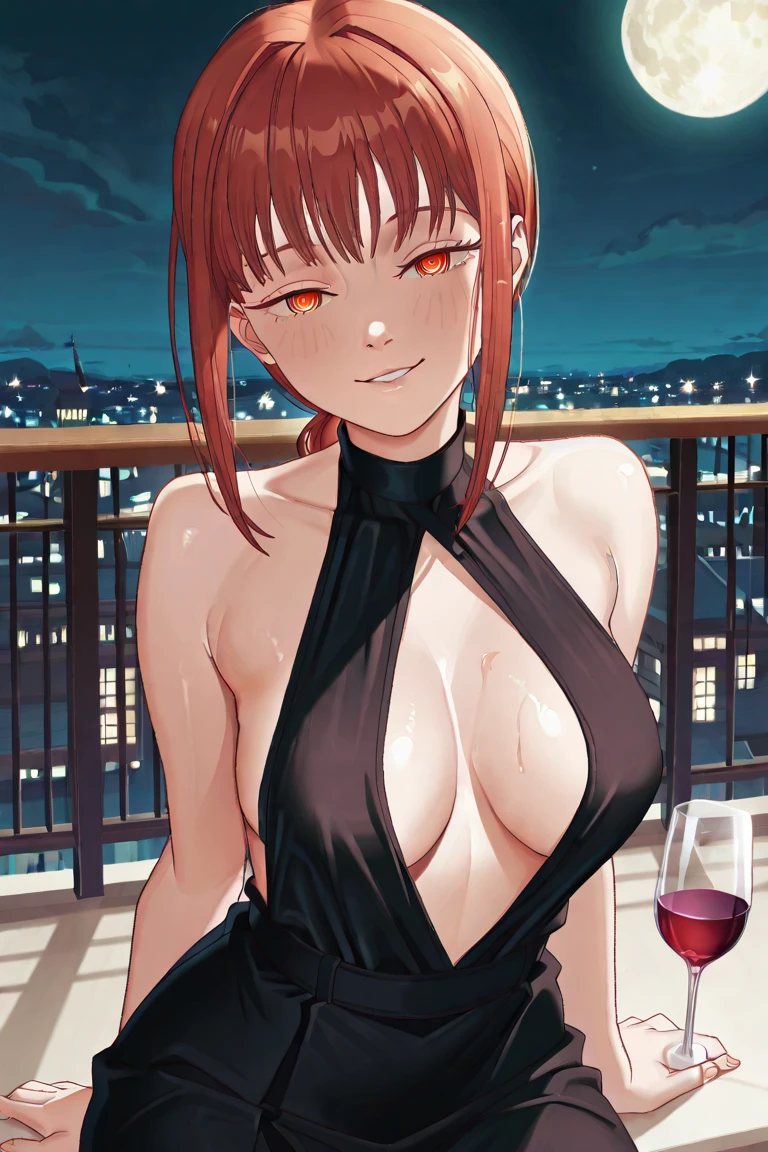 score_9, score_8_up, score_7_up, Expressiveh, Oboro, 1girl, solo focus, mature female, wine, luxury room, window, rain, night, city lights, looking at viewer, smirk, purple+red bob hair, blunt bangs, eyeshadow, lipstick, makeup, red eyes, revealing red long dress, bare shoulders, red elbow gloves, deep cleavage cut out down to lower navel, thighs, necklace, nsfw, indoors, cum, sitting on the corner of a window, toes to viewer, cum between spread toes