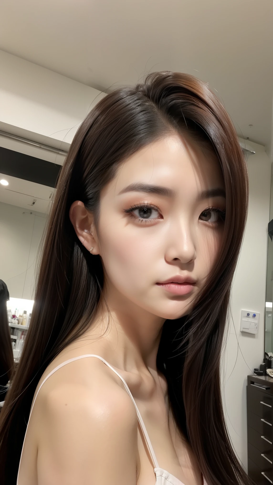 arafed woman with long hair and a white bra top, 2 4 year old female model, 18 years old, instagram model, bella poarch, her skin  light brown, 1 , portrait sophie mudd, 19-year-old girl, anna nikonova aka newmilky, with long hair and piercing eyes, extremely beautiful face