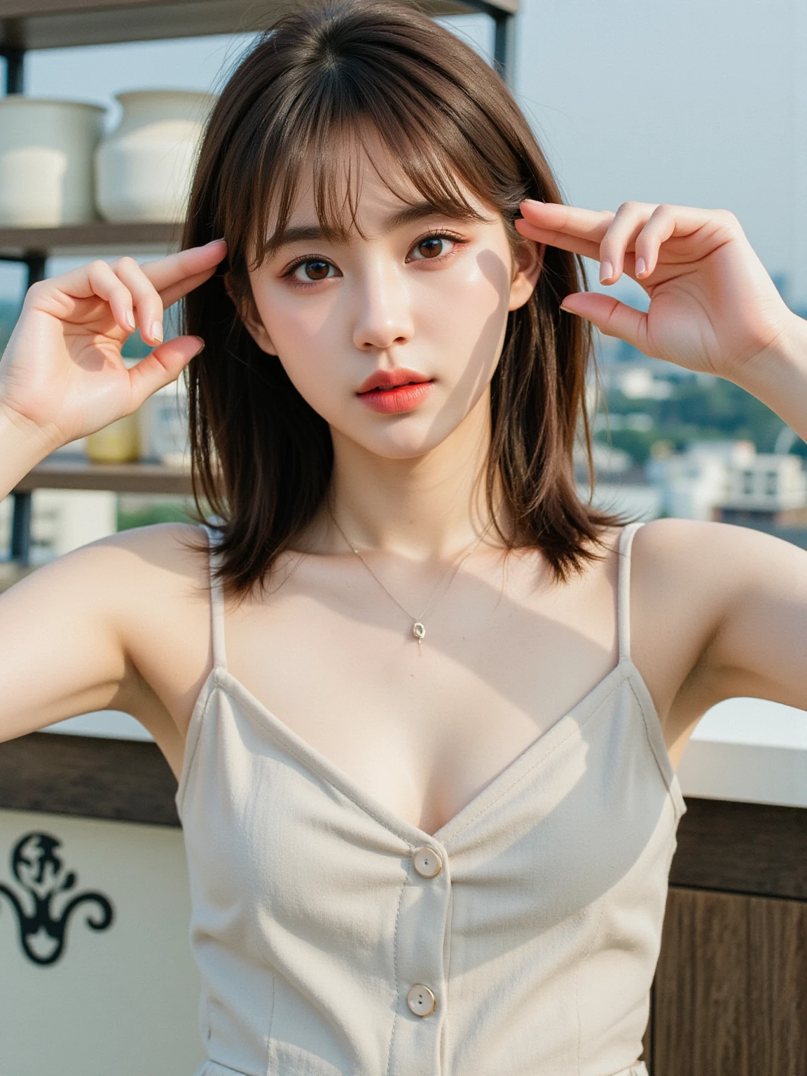、skirt by the、light brown hair、school poolside、Poolside bench、8K raw photos、hight resolution、 cool Korean、big round chest、beautiful eyes finely detailed、long eyeslashes、Beautiful double eyelids、Slender eyes、elongated eye shape、Sanpaku eyes、Duck mouth、evil smile、Evil look、beautiful and very thin legs、beautiful and very thin thighs,、Random Shorthair、Tie your hair behind your head、耳环、a necklace、tshirts、Brown T-shirt
