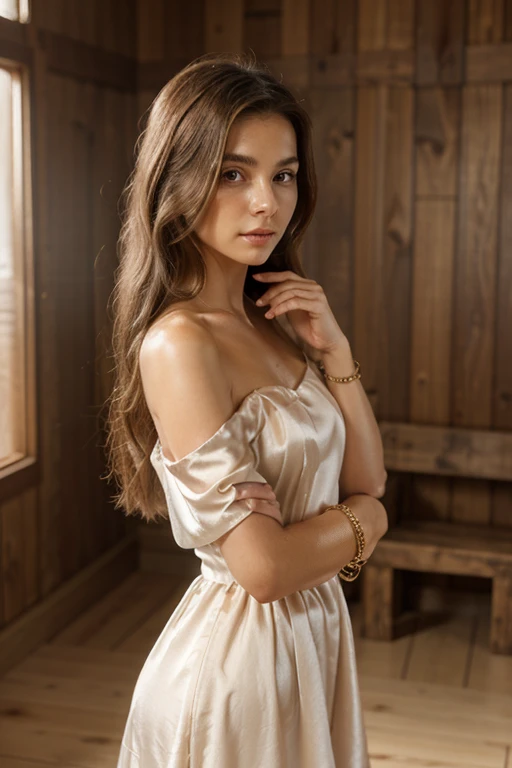  young brunette woman, beautiful eyes. long brown hair. Short dress made of shiny satin, Tights, 项链, transparent lip gloss, narrow building, Pretty, 2, Full body photo, long legs, Satin top, Sitting in a church and looking around, looks stunning. is enthusiastic. The two stunning women sit next to each other in the church