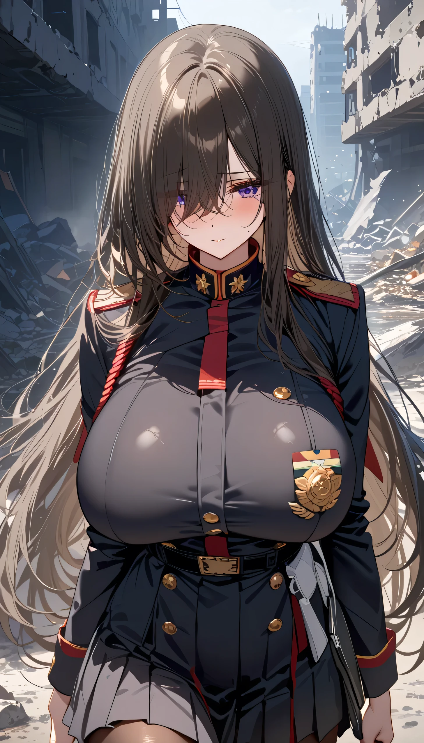 (masterpiece, Highest quality:1.2), (1girl), alone, ((long hair)), (dark brown hair)), (straight hair), ((hair over face)), (hair over one eye), (hair over right eye), (), (purple eyes), detailed eyes, high detail, bloom, ((detailed face)), (beautiful effects), ((huge breast)), (black military uniform), black pleated skirt, black pantyhose, ash, ruins, tired