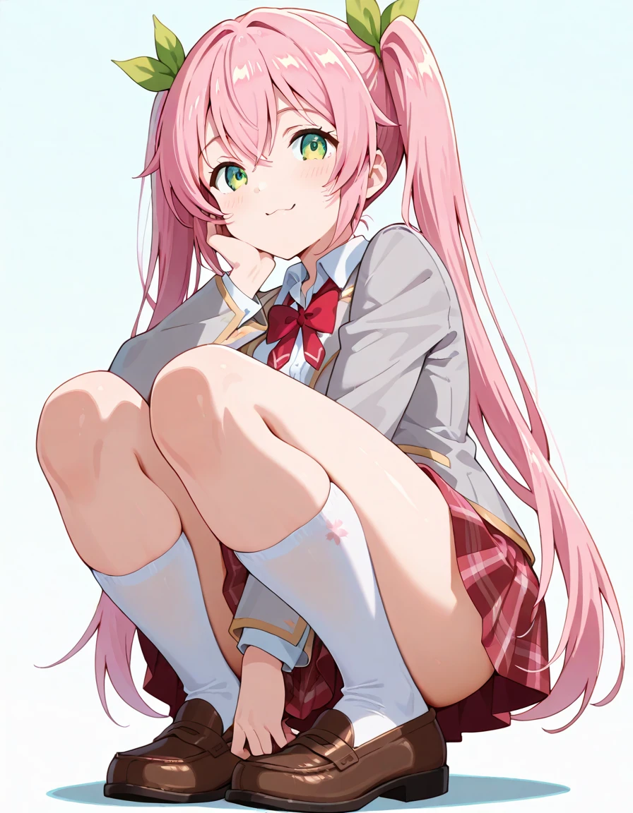 <lora:pose squating:1> ,1girl, solo, underwear, panties, huge breasts, squatting, pink hair, short skirt, kneehighs, bag, day, shoes, sky, school uniform, cleavage, cloud, outdoors, looking at viewer, pantyshot, pleated skirt, ponytail, bow, black socks, blue sky, can, bowtie, purple eyes, long hair,, 4k quality,depth of field,masterpiece,best quality,((masterpiece)),best quality,illustration