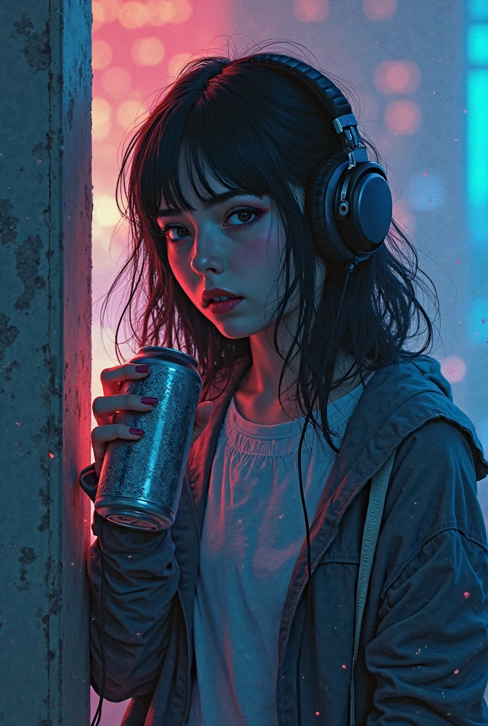 (best quality, 4k, masterpiece :1.3), ((rainy night: 1.5)), girl 20 years old brunette , cyberpunk lo-fi, in the bedroom, Listen to music on your computer, Coffee cup on the table, earphone, open window on rainy night, white top bonding, shorts, wear socks, super detailed, Full cyberpunk headset, intricate details, 16k