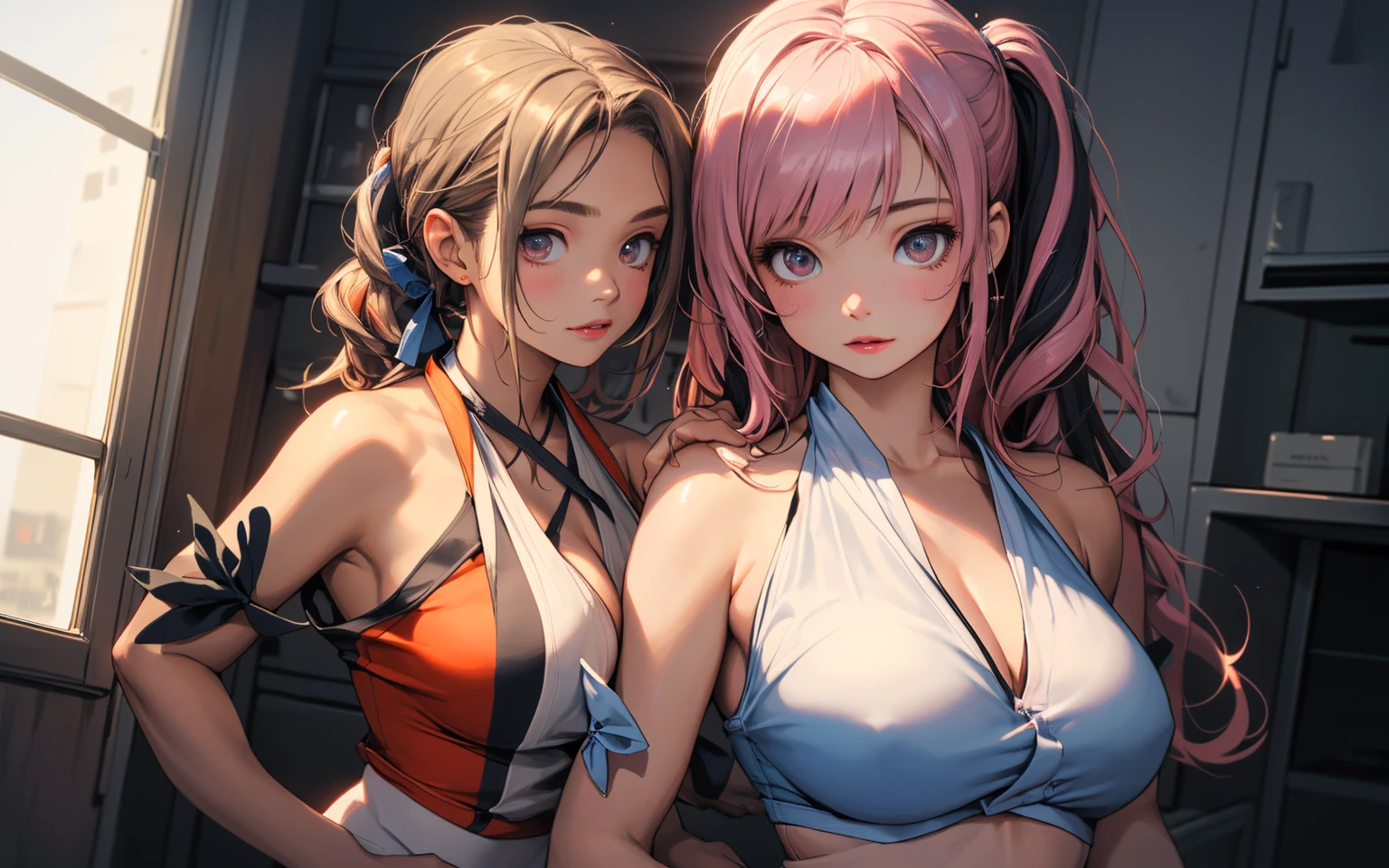 ((最high quality, 8K, masterpiece: 1.3, Ultra HD, high quality, 最high quality, High resolution, realism)) 、A 22-year-old extremely beautiful white woman、Body shape like a fashion model、Hair color blonde、blue eyeedium Hair、Straight Hair、smile、Background blur((depth of field))、Aerial perspective((atmospheric perspective))、I want my head to stay off screen、Put an anklet on your ankle、Wearing red nail polish、I have a peticure、Fashion model body type、purple inner color((colored inner hair))、Split Ponytail((split ponytail))、Wear a high-neck zipper-up dress、Large chest、Narrow waist、Wear leggings、Wear high heels、lace decoration