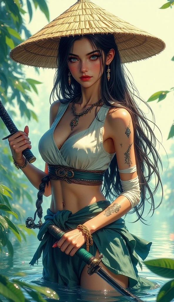 ((masterpiece)), ((best quality)), ((highres)), extremely detailed)), 1 girl as Pocahontas costume, full body, Beautiful Native American woman, mature woman, Big breast, Big butt, (super realistic), (peerless beauty), detailed skin texture, detailed cloth texture, beautiful detailed face, intricate details, ultra detailed, indigenes feather jewelry, feather headdress, traditional handmade dress, armed female hunter warrior, Smile to viewer, (squatting back), bottom Engles, from below, (((wild west))) environment, in the jungle, ultra realistic, concept art, elegant, ((intricate)), ((highly detailed)), depth of field, ((professionally color graded)), soft ambient lighting, dusk, (Best quality, A high resolution, Photorealistic, primitive, 8K,Masterpiece, ),Best quality, Masterpiec8K.hdr. High ribs:1.2, filmgrain, Blur bokeh:1.2, Lens flare, (vivd colour:1.2), (Delicate),