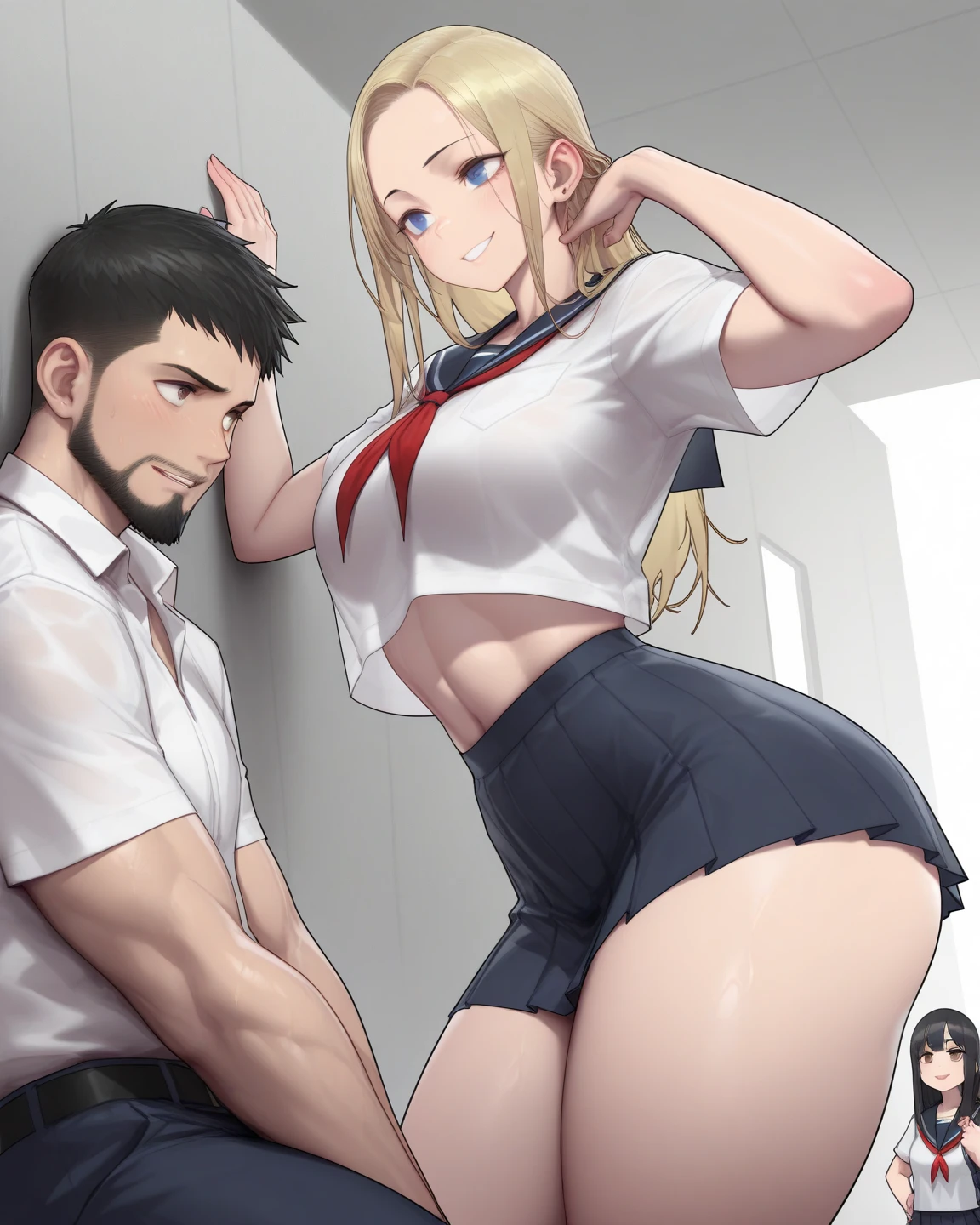score_9, score_8_up, score_7_up, rating_????????, masterpiece, best quality,high quality,highres,very aesthetic, absurdres, high detailed,optimal lightning,4k,8k wallpaper, source_anime, uncensored,official art, official style, megami magazine,BREAK,1girl,hornetKC, grey eyes,long hair, skirt, white shirt, necktie, sleeveless, collared shirt, belt, dress shirt, sleeveless shirt, pantyhose,unamused,disappointed,embarrassed,looking away,kneeling, ???????,dark alleyway, wall,sideview,