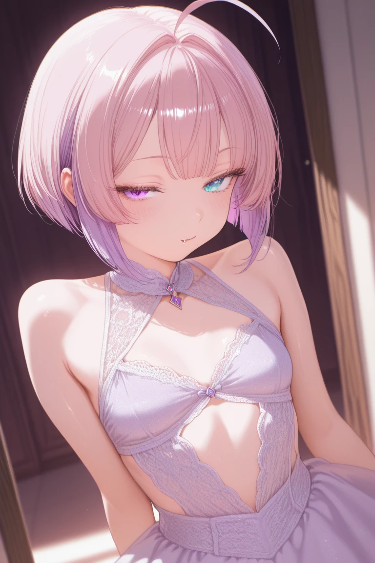 Blowjob、female、Shortcuts、Embarrassed face、bed、inner color hair、NSFW、Clothes are see-through and nipples are visible