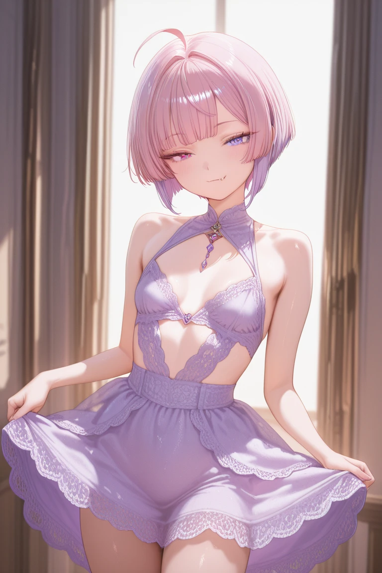 (masterpiece), (best quality:1.5), (highres), 1girl, solo, pink hair, hair ornament, Animal ears, jewelry Earring, blue eyes, black dress, standing upper body, indoor, simpel blackground,