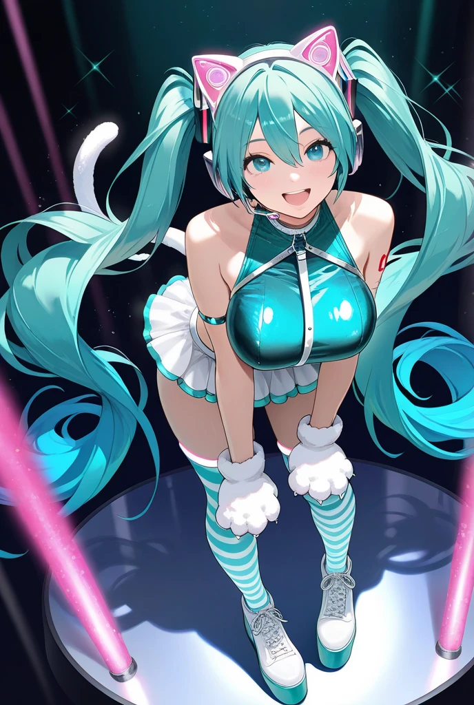 Anime illustration、highest quality、cyber punk、Voluptuous Diva、Hatsune Miku、Bikini Dress、Sing and dance、Night Show、Illuminated by spotlights、colorful psyllium、Perfect proportions、Live music on the stadium stage、overwhelmingly big breasts、big ass, round buttocks, bubbly ass, Beautiful, shining eyes、Cowboy Shot、smile、Excessive sweating、Noise Reduction