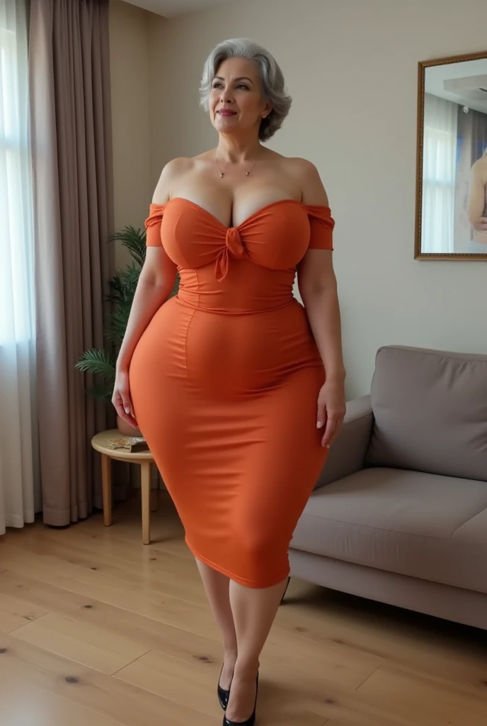 Realistic, busty milf, redhead, tall, curvy, tight red dress, no bra, nipple showing, enhanced cleavage, black heel shoes, perfect ass, standing, hand on hip, hair brushed back, restaurant setting, showing ass