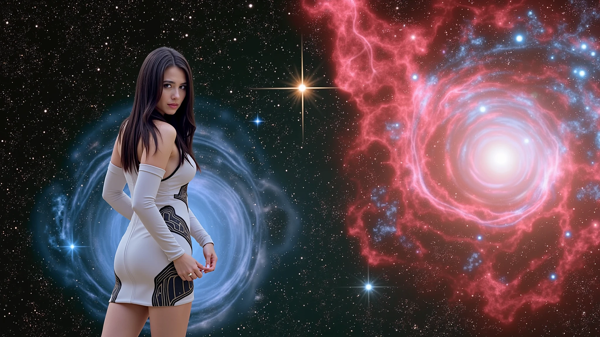 (((at night))), 1girl, solo, under starry sky, surrounded by spiral ethereal aurora, photo realistic huge-breast gorgeous busty slim woman, perfect face, wind-blowing black long hair, (((extreamly low-cut translucent:2.2 high-waist one-piece galaxy glowing short minidress exposing G-string panty))), smoky twirl dress, off shoulder, (((breast cleavage))), free dancing with the rythem of aurora lights, standing hip-up pose, (slow motion blur effects), (((half-body low angle above thigh medium shot))), dark background:1.8