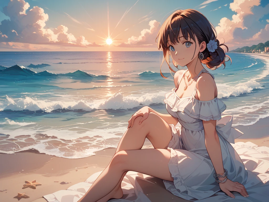 Masterpiece to the smallest detail、top-quality, 1 girl in, Watanabe You (\lovelive\), sitting bench, ocean,night,  sand, sun, beach, drinking, uniform, happy, socks,  cute, tree, boat, hide hand